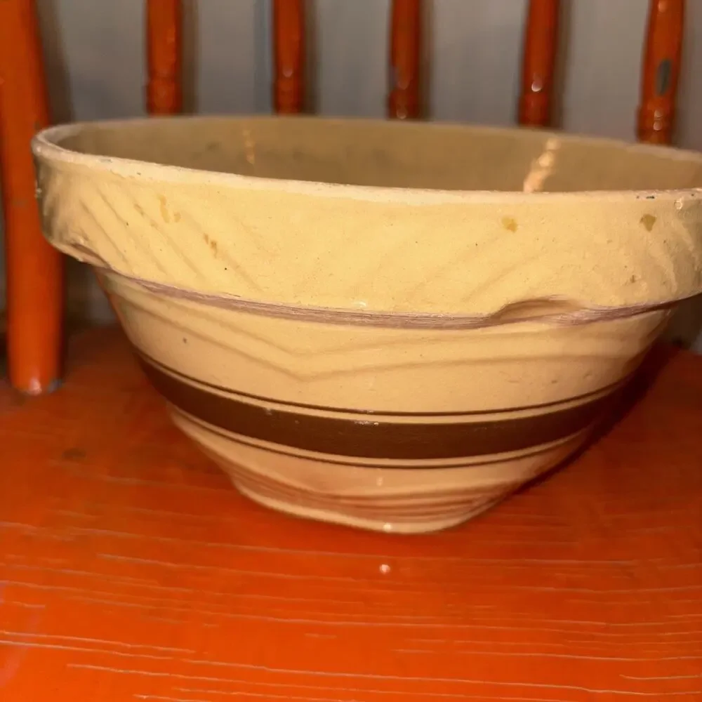 Antique Yellowware Mixing Bowl Brown Bands Molded Panel 9.5” Inch McCoy